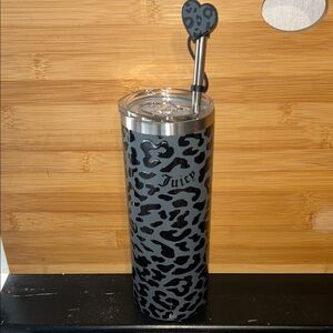 Juicy Couture Black and Gray Leopard Tumbler with Heart Straw